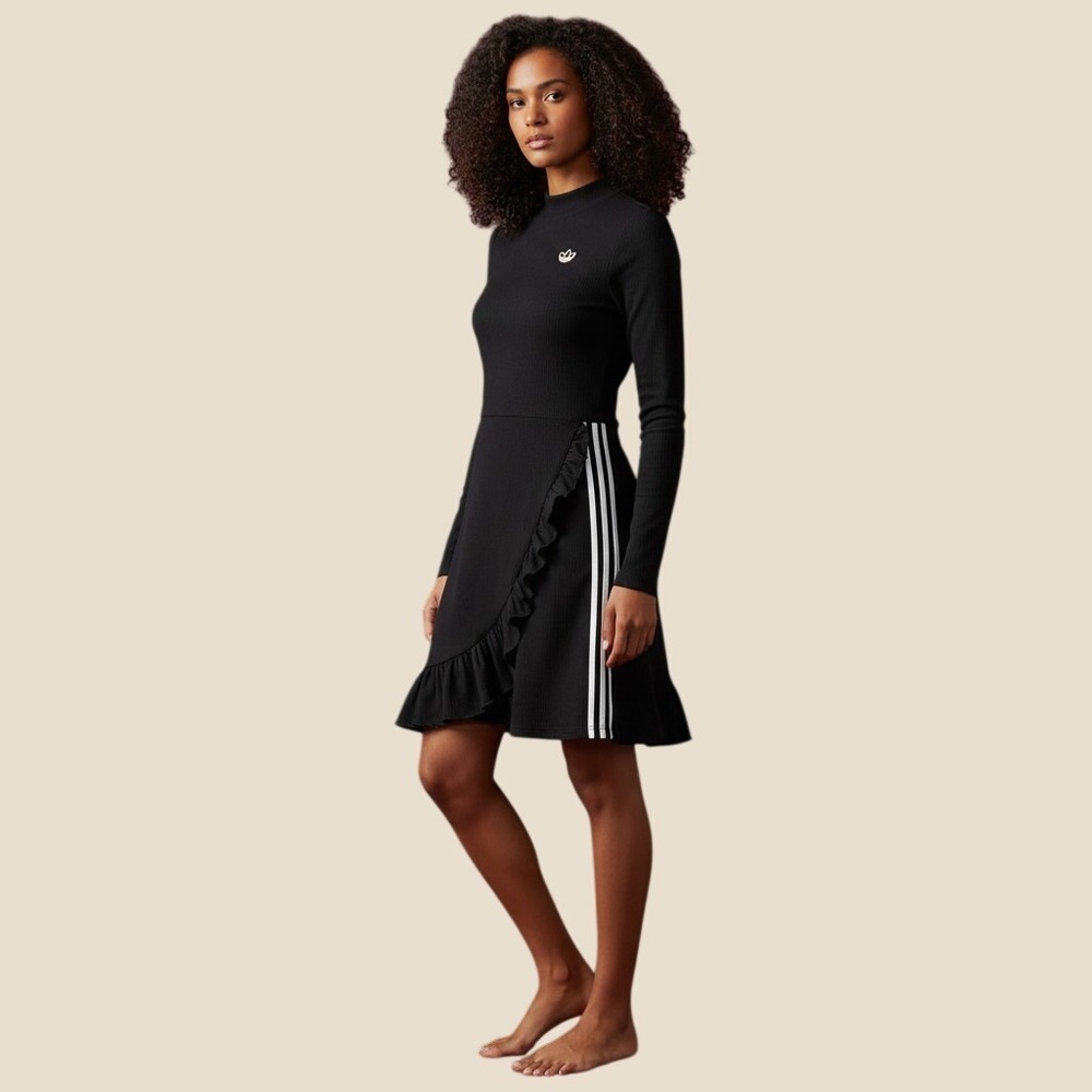 Adidas Originals Sporty Ruffle Mini Dress Womens XL Black Long Sleeve FU3865